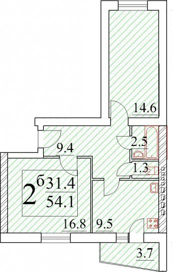 Двухкомнатная квартира 55.21 м²