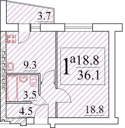 Однокомнатная квартира 37.21 м²