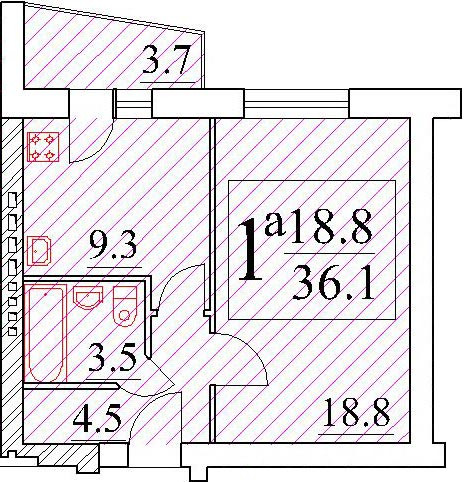Однокомнатная квартира 37.21 м²