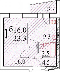 Однокомнатная квартира 34.41 м²