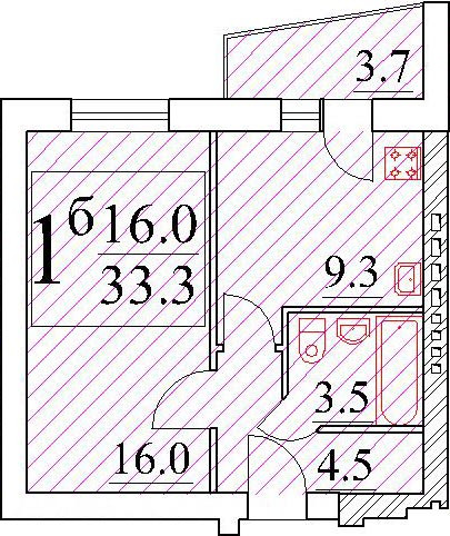 Однокомнатная квартира 34.41 м²