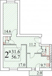 Двухкомнатная квартира 55.21 м²