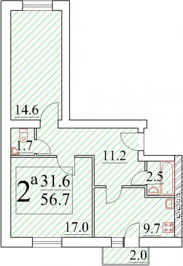 Двухкомнатная квартира 55.21 м²