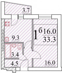 Однокомнатная квартира 34.41 м²
