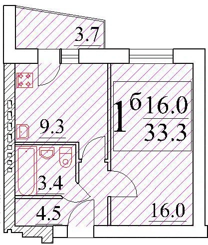 Однокомнатная квартира 34.41 м²