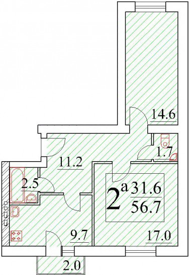 Двухкомнатная квартира 57.3 м²