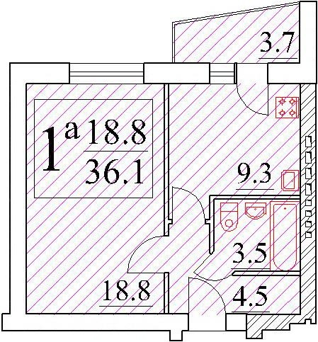 Однокомнатная квартира 37.21 м²